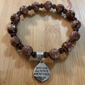 Hand Crafted Charm Bracelet Brown Stretch Beaded Scripture Unisex Matt. 19:26